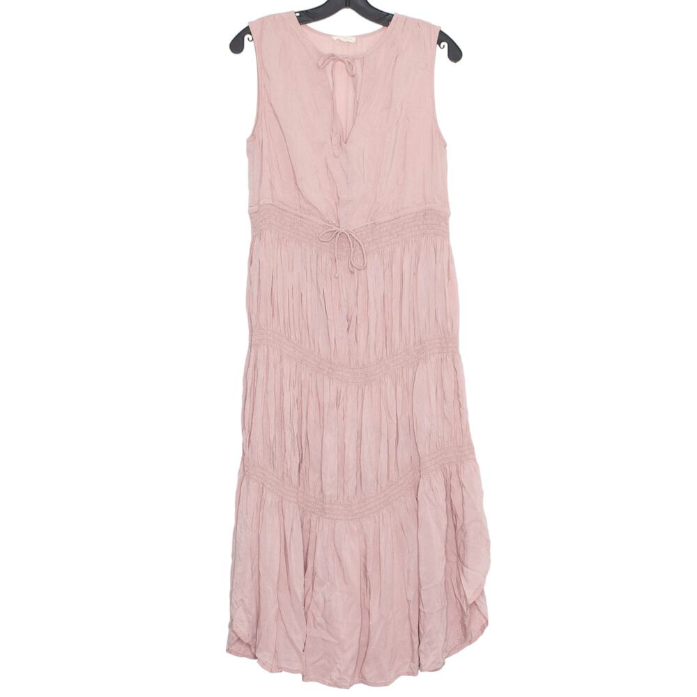 Boho Cottagecore Prairie Coquette Fairycore Romantic Tiered Midi Dress Pink S